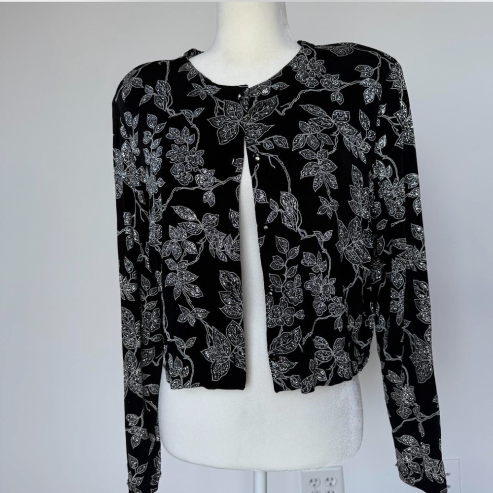 INSANE COOL VINTAGE 1980s RONNI NICHOLE by OUIDA FLORAL GLITTER CARDIGAN HOLIDAY